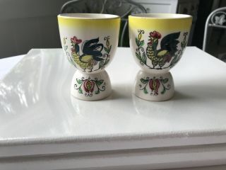 Set Of 2 Vintage Rooster Flower And Vines Egg Cups Hand Painted 3.  5”
