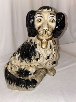 Vintage Style Black White Staffordshire Dog Large 9.  5 " Figurine Statue Gold Trim