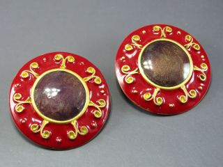 Don Lin Vintage Large Round Button Earrings Brown Shimmer Enamel Gold Red Frame