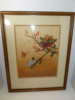 Vintage Asian Silk Screen Butterfly Flowering Branch Bamboo Style Framed 19x15 "