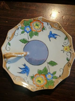 Vtg Japan Lusterware Plate With 1 Handle Gold Trim Blue Birds And Flowers 6 " Euc
