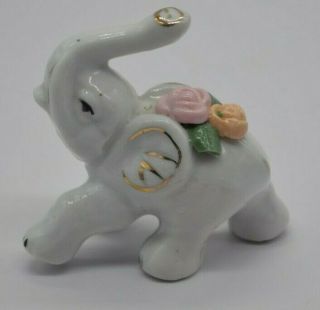 Vintage Porcelain Elephant Good Luck Trunk Up White Gold Hand Painted 3x3 China