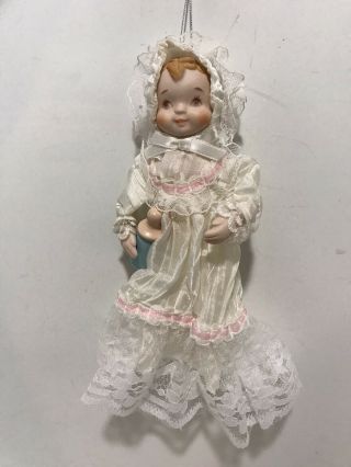 Vintage Porcelain Victorian Baby Doll White Lace Blue Bottle Christmas Ornament