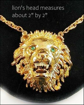 Roaring Lion Pendant Necklace Bold Statement Teeth Green Eyes 1980s Vintage