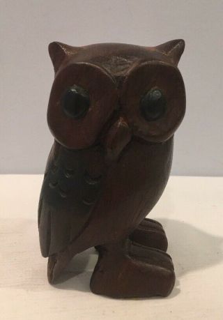 Vintage Hand Carved Dark Hard Wood Owl 4 - 1/2 " Tall Made In Thailand