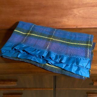 Vtg Blue Purple Plaid Acrylic Wool Blanket Nylon Satin Trim Bed Throw 67 X 77 "