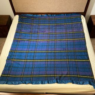 Vtg Blue Purple Plaid Acrylic Wool Blanket Nylon Satin Trim Bed Throw 67 x 77 