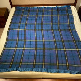 Vtg Blue Purple Plaid Acrylic Wool Blanket Nylon Satin Trim Bed Throw 67 x 77 