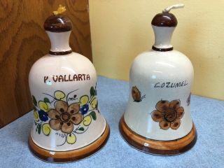 2 Vintage Mexico Art Pottery Bells W/ Bird & Flowers Signed C.  A.  T.