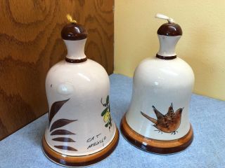 2 VINTAGE MEXICO ART POTTERY BELLS W/ BIRD & Flowers SIGNED C.  A.  T. 3