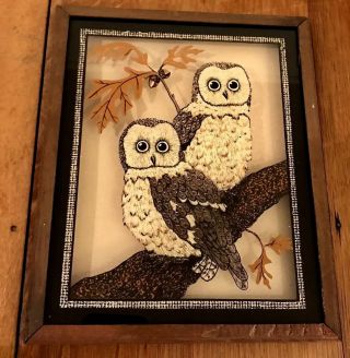 Tom Cryer Owl Reverse Glass Painting Art Wood Frame 10 X 8.  5 " Vintage 1960s