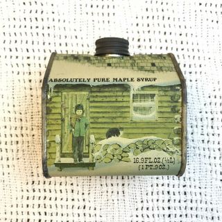 Vintage Absolutely Pure Maple Syrup 16.  9 Oz.  Advertising Tin Cabin House 1984