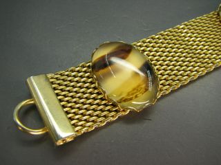 Vintage Gold Tone Metal Mesh Bracelet Fabulous Faux Agate Stone Glass Cabs