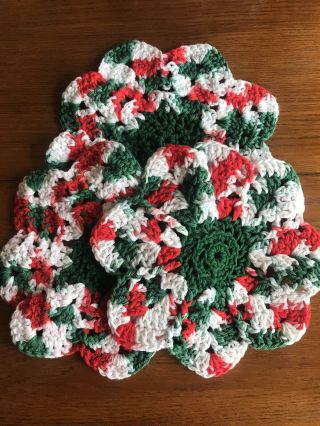 3 Vintage Christmas Holiday Hand Made Crochet Knit Pot Holders Hot Pads