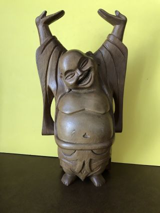 Vintage Happy Buddha Wood Carved Statue 11.  75” Tall Laughing Hands Up