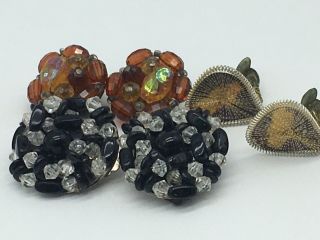 3 Pair Vtg Gold Tone Black Clear Amber Beaded Cluster Clip On Earrings W Germany