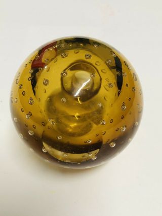 Vintage Art glass Paperweight Vase Amber bubbles Heavy 3