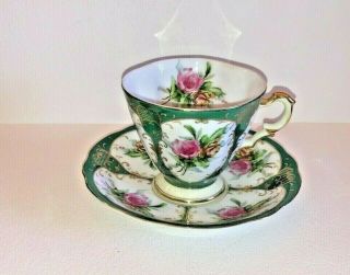 Vintage Lefton China Footed Tea Cup And Saucer Pink Roses Gold Accent & Trim