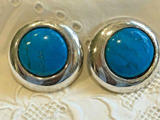 Vintage 925 Sterling Silver & Turquoise Large Round Clip - On Earrings 22.  37g