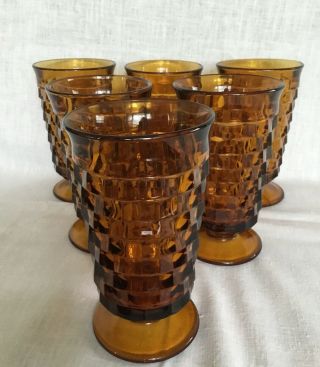 Set Of 6 Vintage Indiana Glass Amber Whitehall Cube Footed Tumblers 6 "