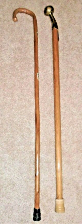 Vintage 2 Solid Wood Walking Stick W Brass Head & German Wood Carved Cain