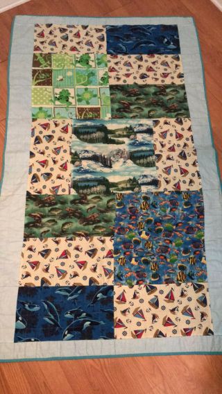 Vintage Handmade Childs Twin Size Blanket Quilt Fishing Boats Outdoor Lake 43x73