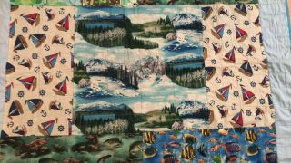 Vintage Handmade CHILDS TWIN SIZE BLANKET QUILT FISHING BOATS OUTDOOR LAKE 43X73 3
