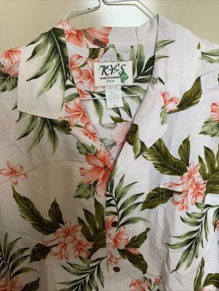 Men’s Vintage Ky’s Aloha Hawaiian Shirt Xl White Pink Hibiscus Usa Cotton Euc