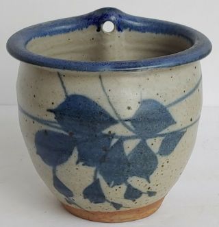 Vintage Huddleston Stoneware Pottery Wall Pocket Vase With Blue Leaf Design