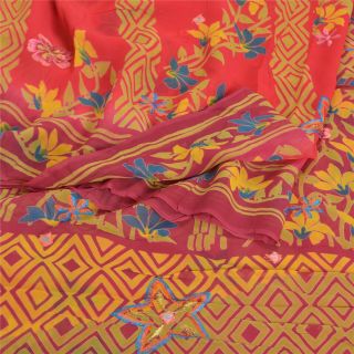 Sanskriti Vintage Red Saree Blend Georgette Printed Sari 5 Yard Craft Fabric