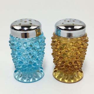 Antique Blue & Amber Hobnail Glass Salt & Pepper Shakers