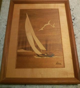 Vintage Hudson River Inlay Marquetry Sailing Boat 13in X 9.  5in Signed Nelson