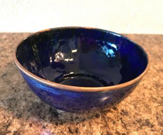 Vintage Hand Made Hammered Copper And Blue Enamel Bowl.  4.  5” Round X 2” High