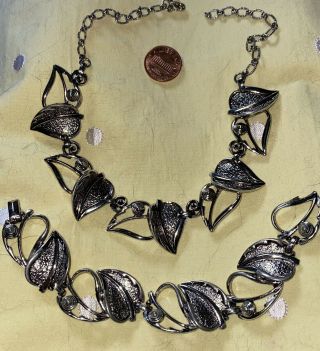 Vintage Sac Sarah Coventry Leaf Necklace Choker Bracelet Set Chunky Signed Bold