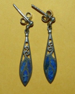 Vintage " 925 " Sterling Silver W/ Blue Lapis Inlay Ornate Design Dangle Earrings