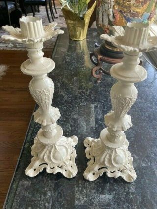 Vintage,  White,  Pair Wrought Iron Candle Stick Holders 13.  5 " H X 5 " Sq.  W