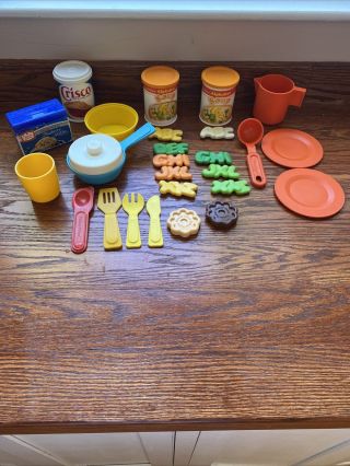 Vintage Fisher Price Fun Food Play Kitchen Dishes Soup Crisco Duncan Hines Cooki