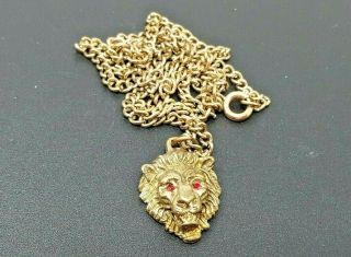 Vintage Lion Red Rhinestone Gold Tone Pendant Chain Necklace 17 "