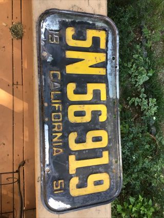 Vintage 1951 California License Plate Black And Yellow