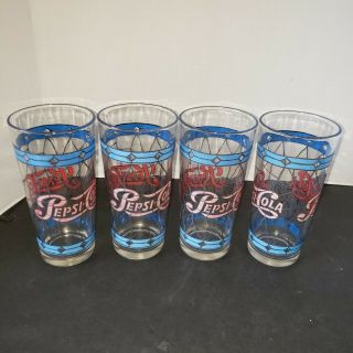 Vintage Set Of 4 Pepsi - Cola Tiffany Style Raised Stained Glass Tumblers Red Blue