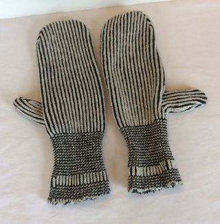Black & White Knit Mittens Wool Unisex Unbranded Vintage Stripe