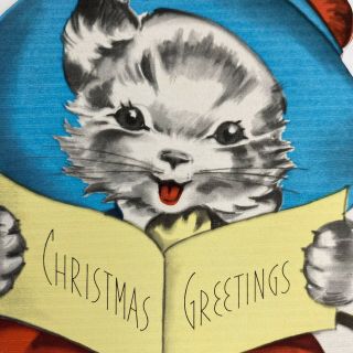 Vintage Early Mid Century Christmas Greeting Card Cute Kitten Cats Rust Craft