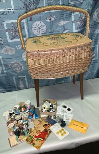 Vintage Dritz Sewing Basket With Legs And Miscellaneous Sewing Items