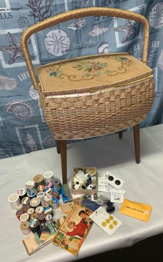 Vintage Dritz Sewing Basket With Legs And Miscellaneous Sewing Items 2