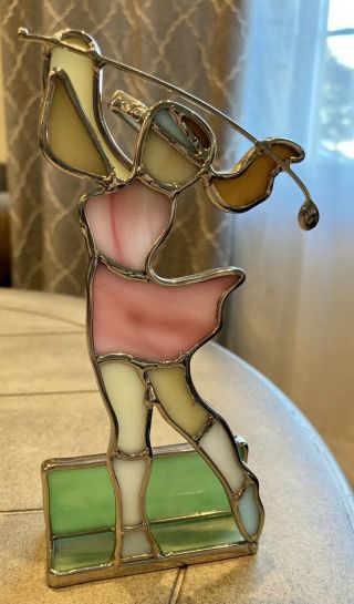 Vintage Stained Glass Golf Lady Pink Dress Cute 2