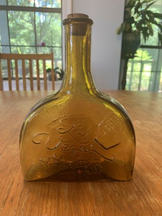 Vintage Amber Glass Odd Shape Bottle “las Vegas” W/ Cork