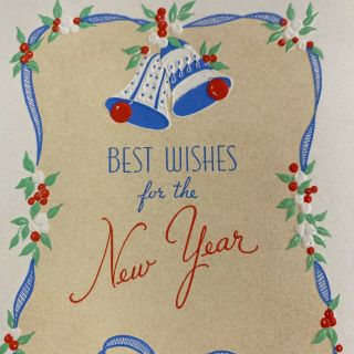 Vintage Mid Century Christmas Year’s Greeting Card Blue Jingle Bells Ribbon