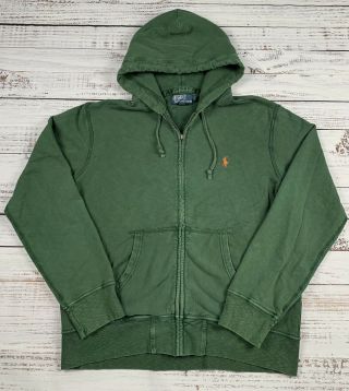 Vtg Polo Ralph Lauren Full Zip - Up Hoodie Mens M Green W/ Orange Pony Sweatshirt