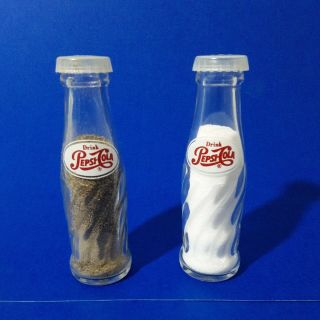 Pepsi Cola Salt & Pepper Shakers - Glass With Plastic Lids.  Vintage.