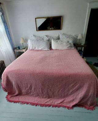Vintage Pink & White Lightweight Chenille Bedspread Full Queen 95 " X 106 " Cutter